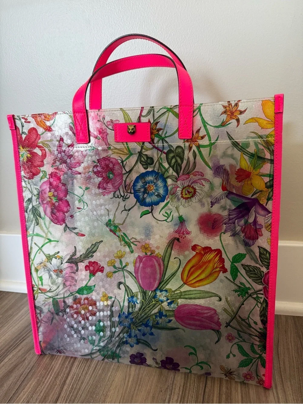 Gucci Floral Clear Tote with Hot Pink Trim